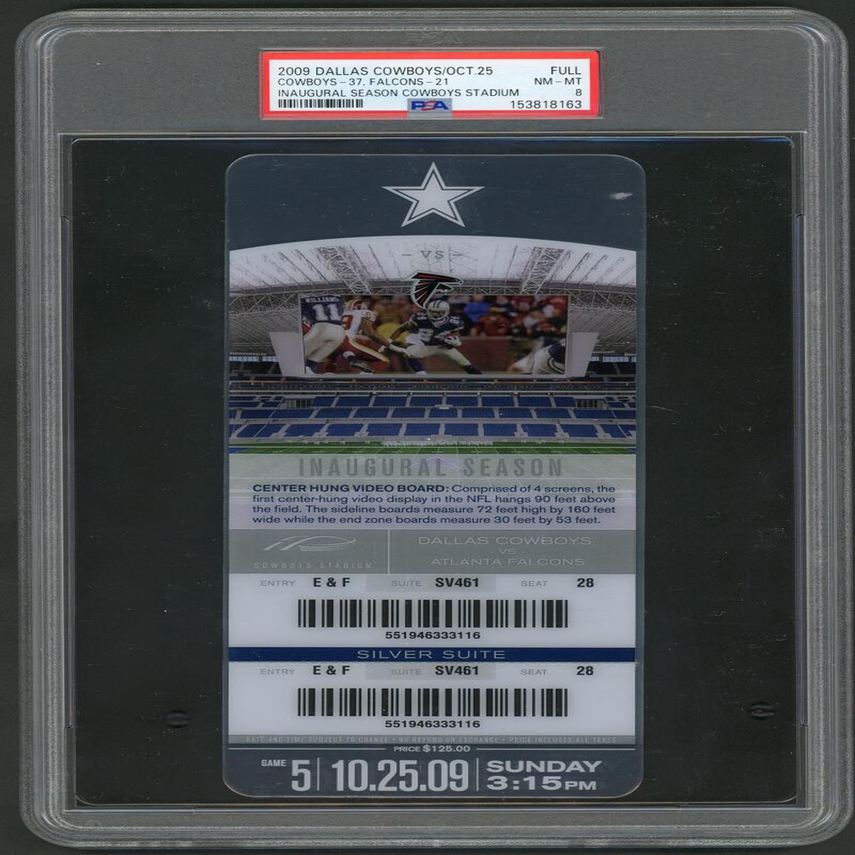 2009 Inagural Season Dallas Cowboys Stadium 10/25/09 Ticket PSA 8